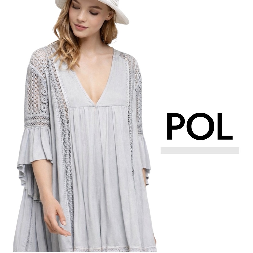 POL Light Gray Crochet-Panel V-Neck Tunic